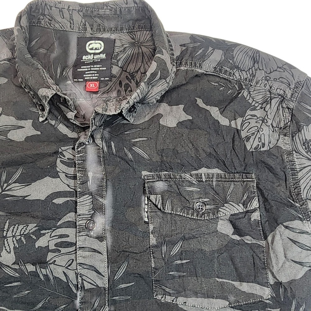 Ecko Unltd Mens XL Gray Floral Hawaiian Button Up Shirt